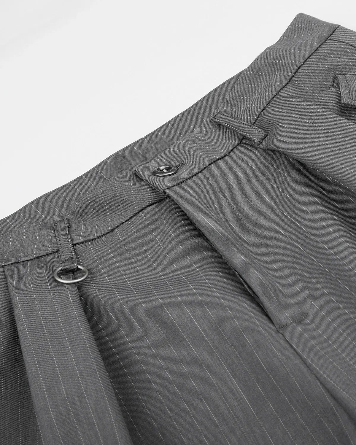 Flation Pinstripe Pleated Ring Detail Tailored Shorts, stylish tailored pants with pleats and ring accents in a pinstripe pattern.