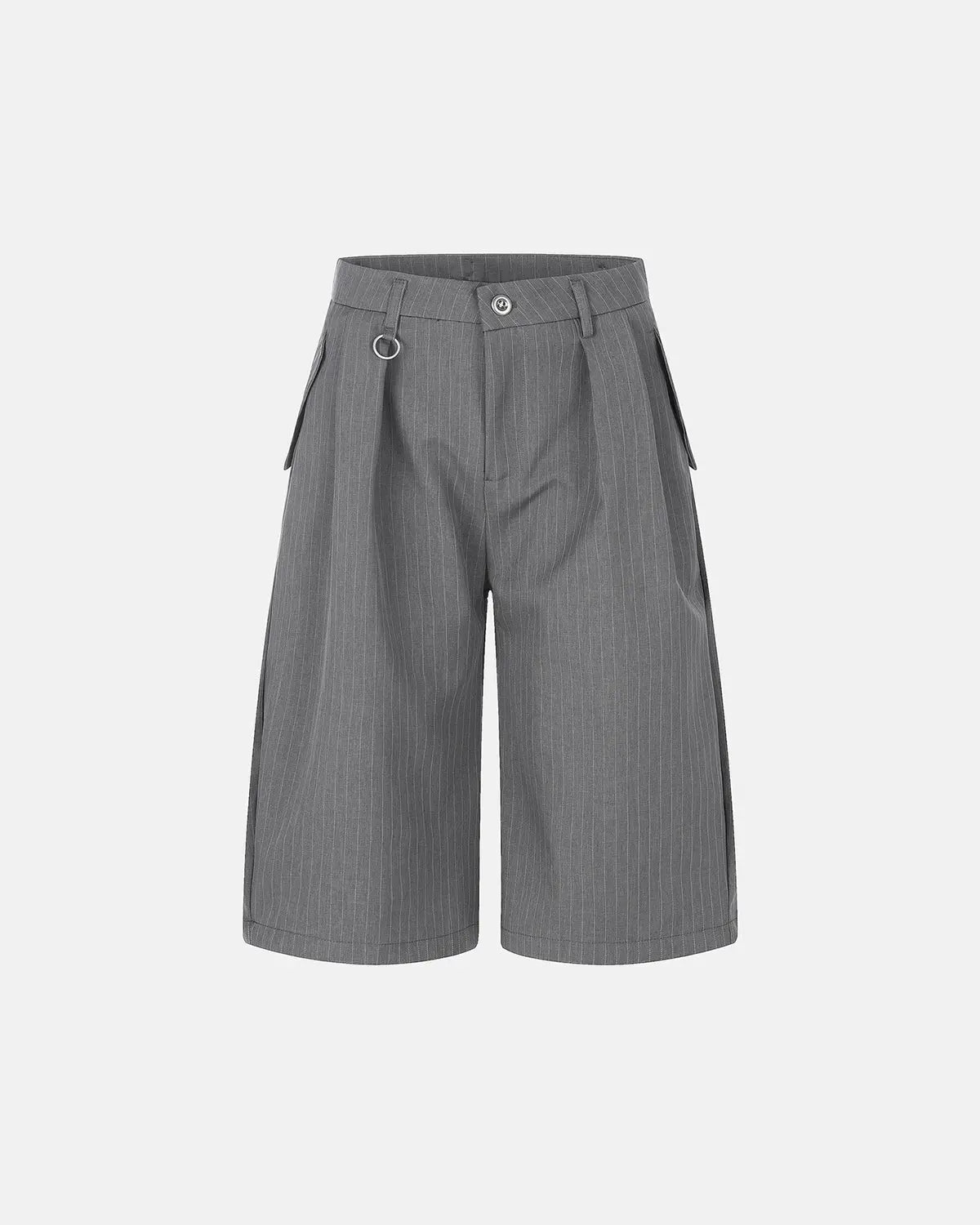 Flation Pinstripe Pleated Ring Detail Tailored Shorts showing high-waisted design with pleats and ring accents, styled as casual streetwear pants.