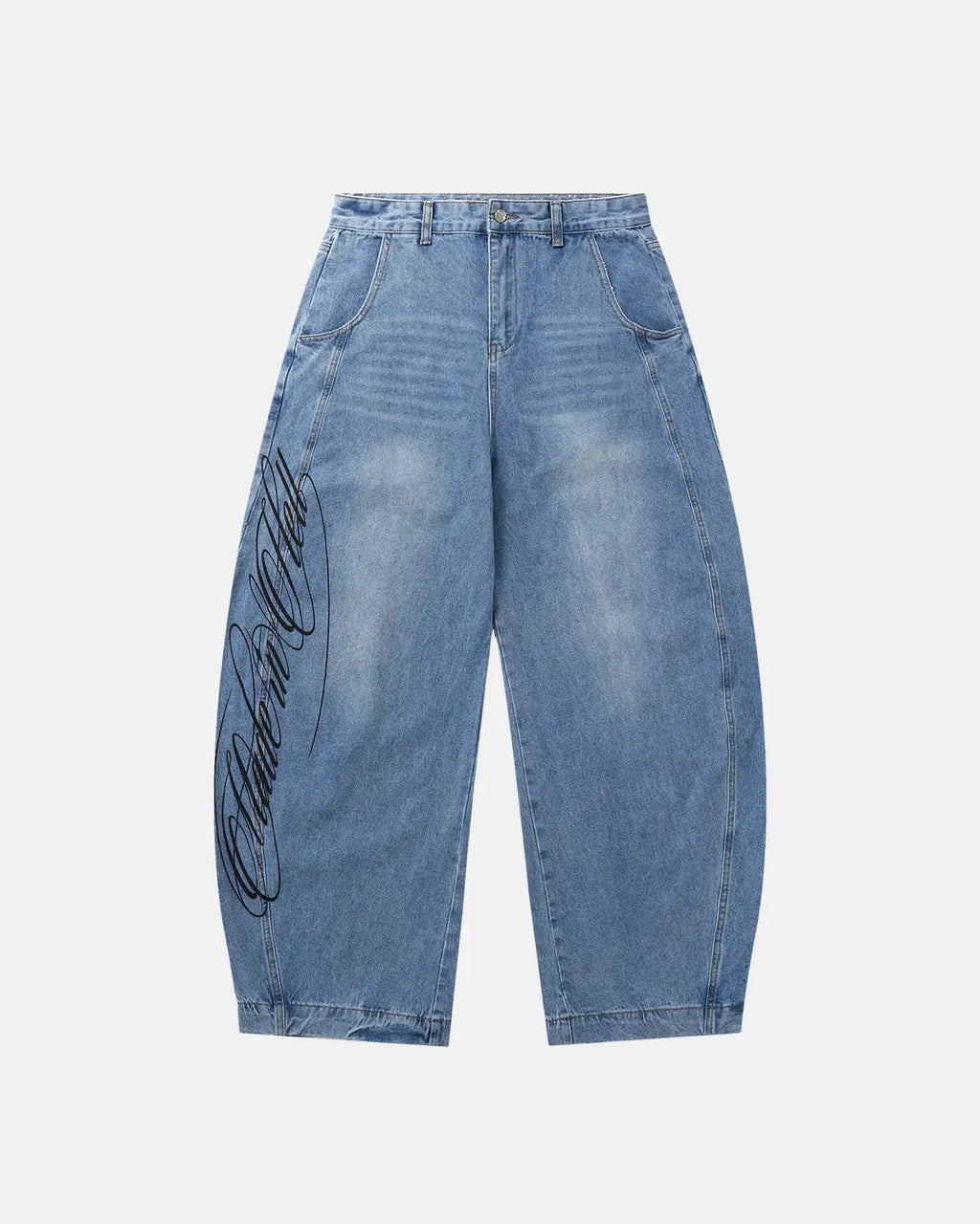 Inflation Streetwear Script Graphic Barrel Jeans, stylish pants with bold script design and relaxed fit, displayed on a model.