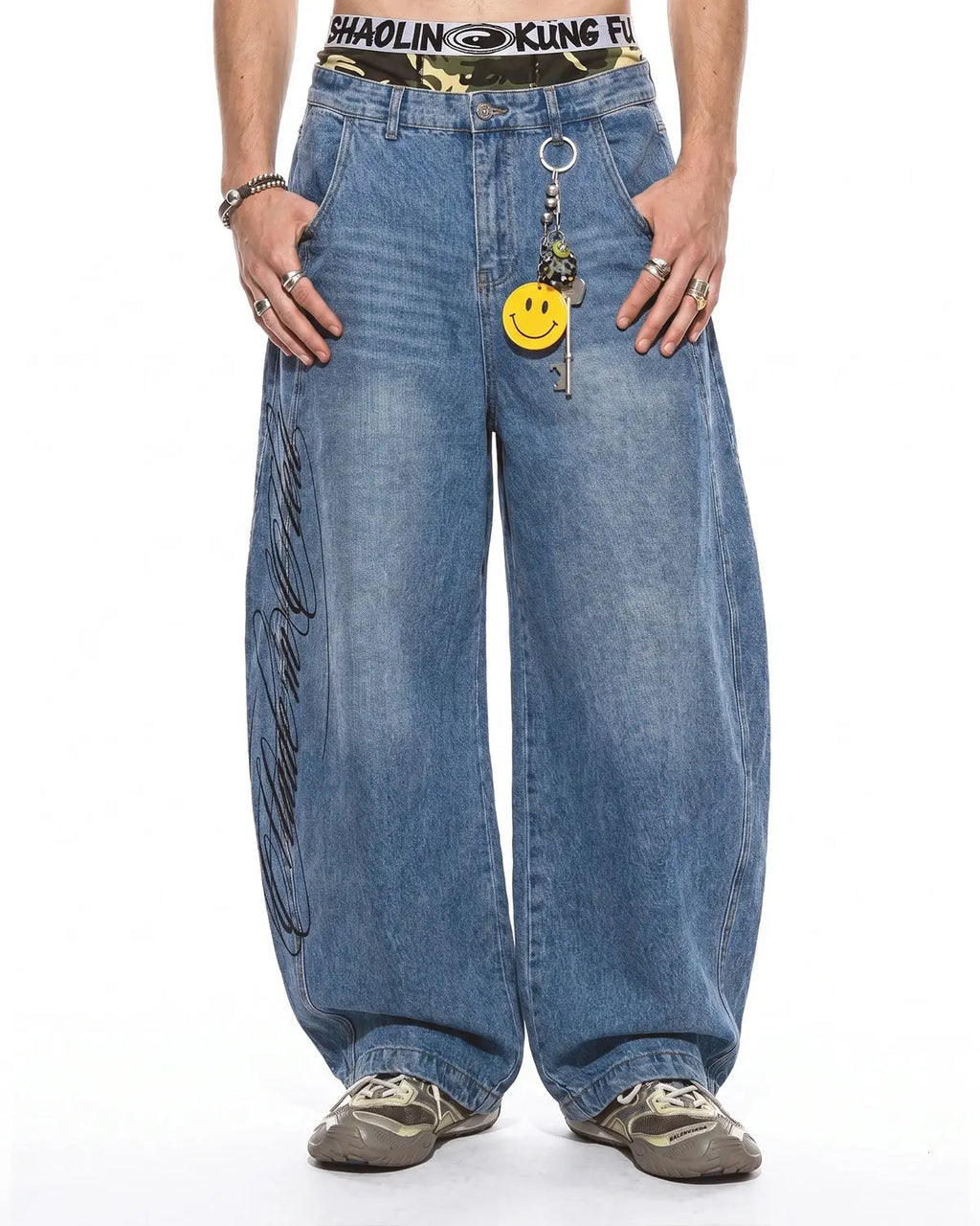 Inflation Streetwear Script Graphic Barrel Jeans, stylish men's pants with bold graphic design and relaxed fit.