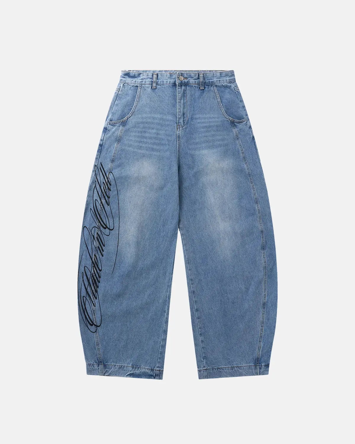 Inflation Streetwear Script Graphic Barrel Jeans, black pants with bold white script design and relaxed fit.