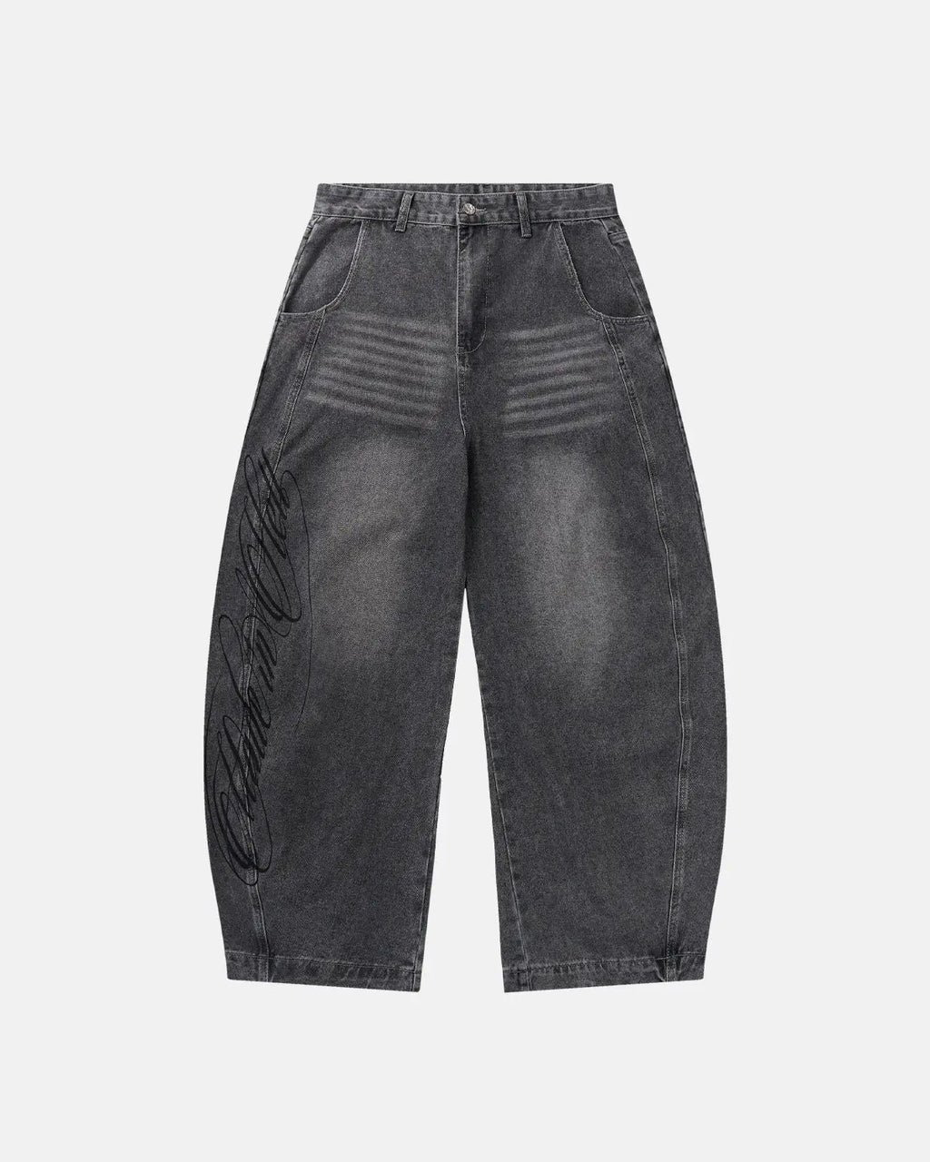 Inflation Script Graphic Washed Barrel Jeans, men's casual pants with distressed denim and printed branding, relaxed fit style.