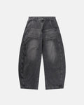 Inflation Script Graphic Washed Barrel Jeans, casual men's pants with distressed denim and graffiti-style logo details.