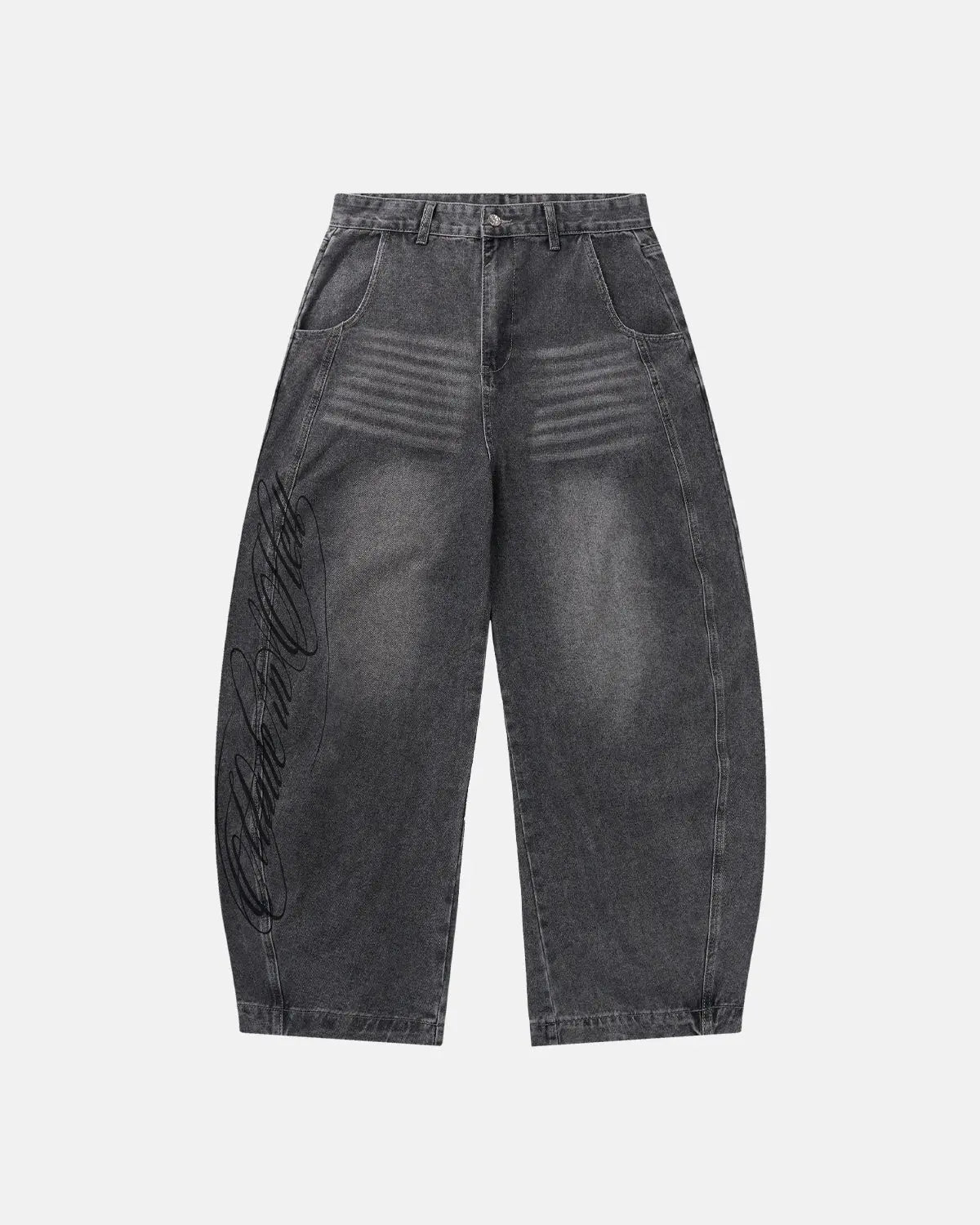 Inflation Script Graphic Washed Barrel Jeans, casual men's pants with distressed denim and graffiti-style logo details.