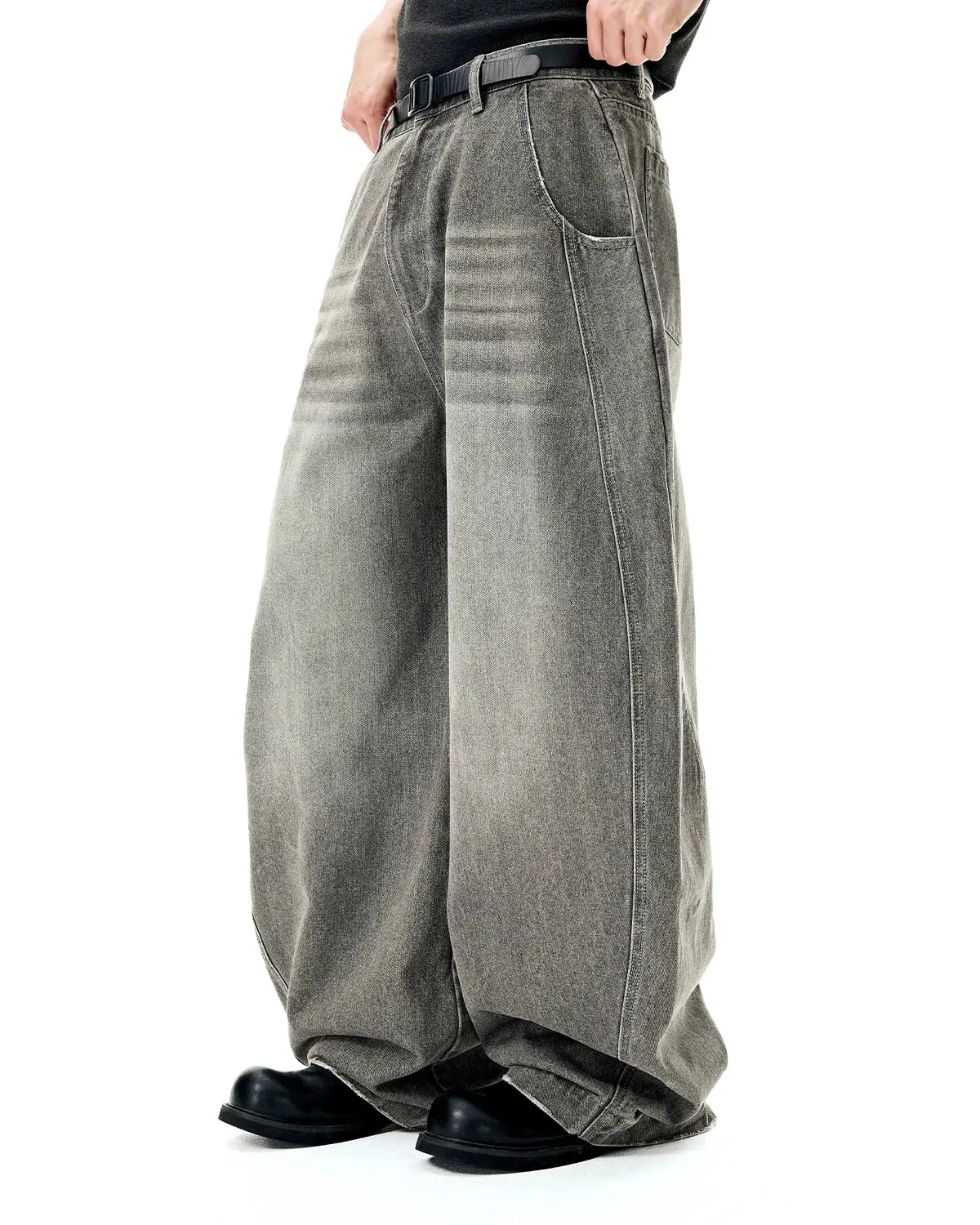 Light grey Flation Washed Barrel Baggy Jeans, relaxed fit pants with a casual, distressed denim look and comfortable design.
