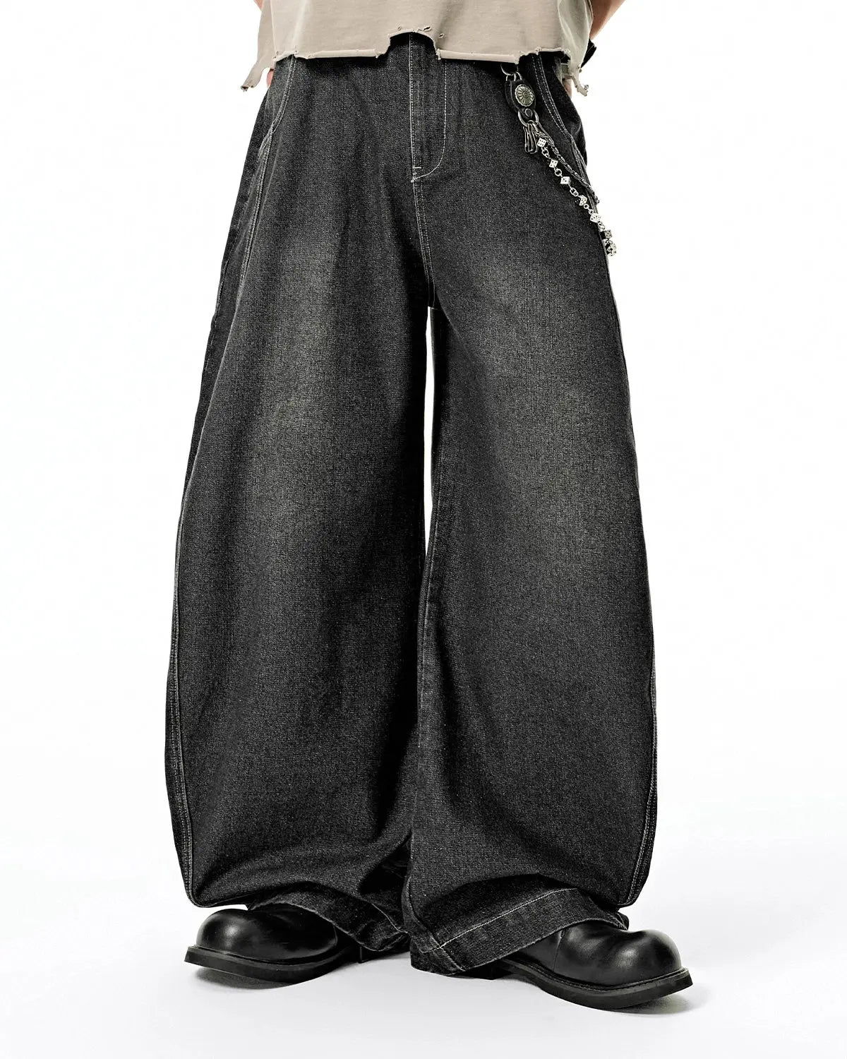 Light grey Flation Washed Barrel Baggy Jeans, relaxed-fit pants with a casual, washed denim look and baggy style.