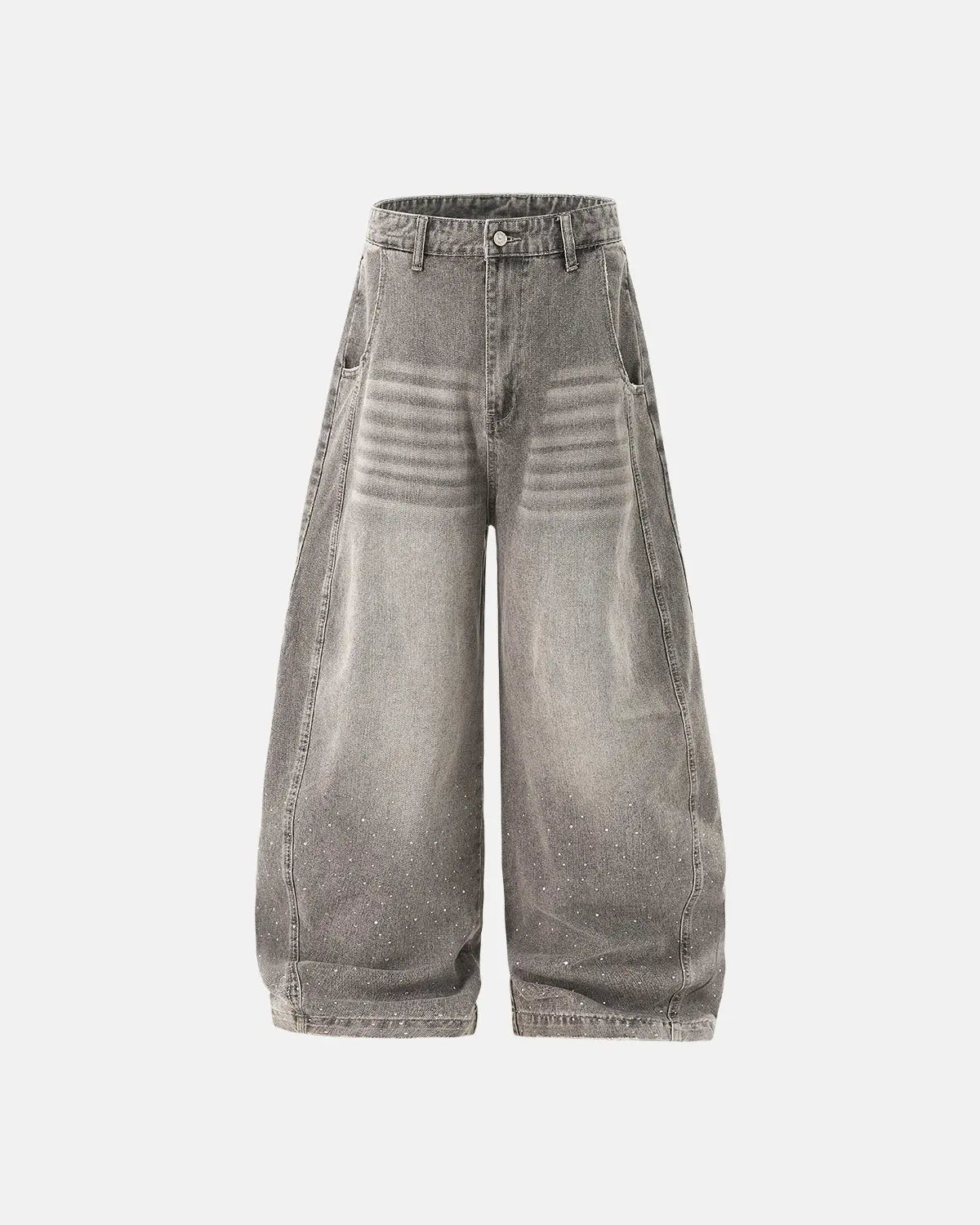 Flation Rhinestone Washed Barrel Jeans, stylish streetwear pants with rhinestone accents and distressed wash detail.