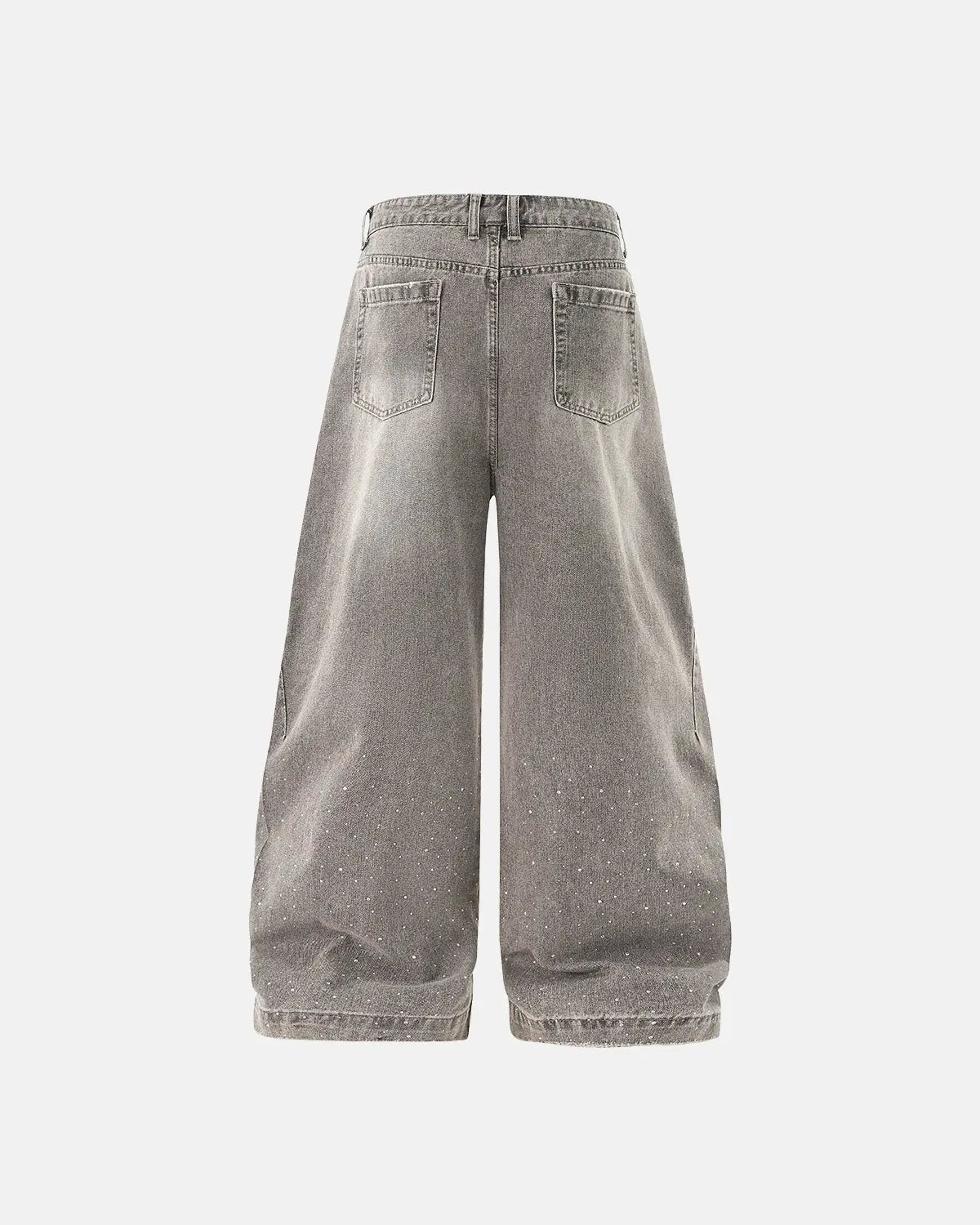 Flation Rhinestone Washed Barrel Jeans showing distressed denim with rhinestone embellishments and a relaxed, tapered fit.