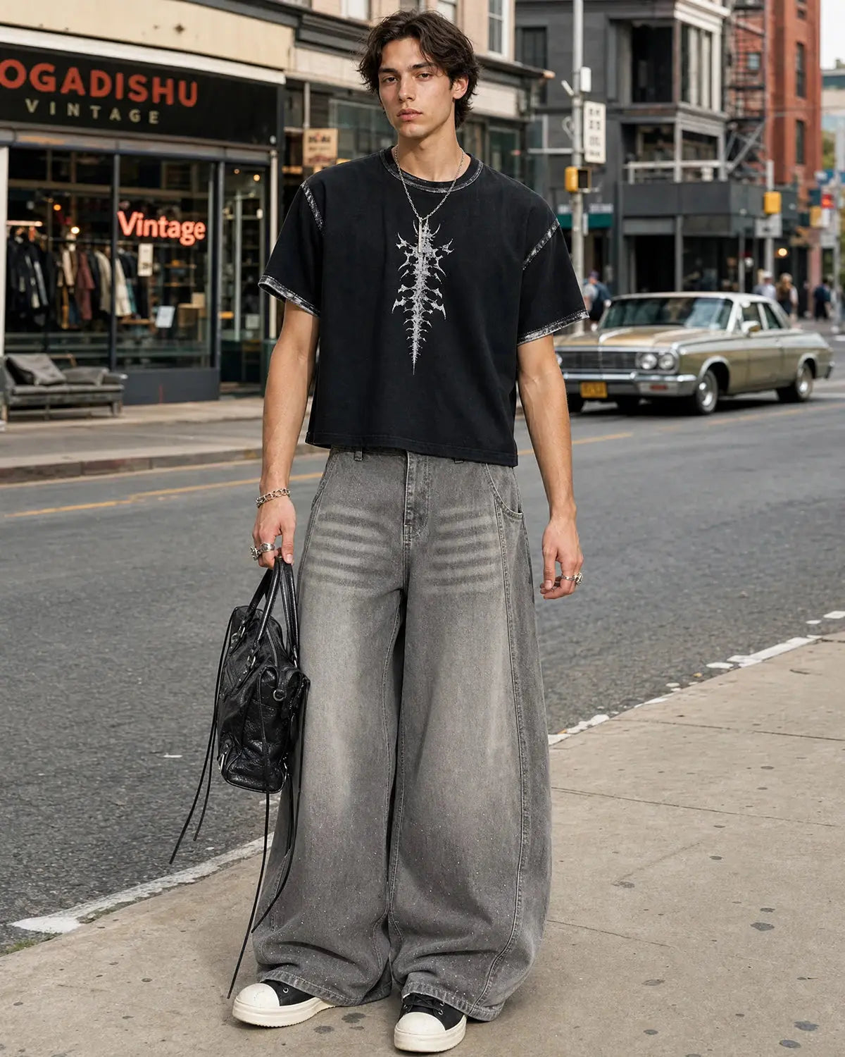 Flation Rhinestone Washed Barrel Jeans, stylish streetwear pants with rhinestone accents and a relaxed washed denim look.