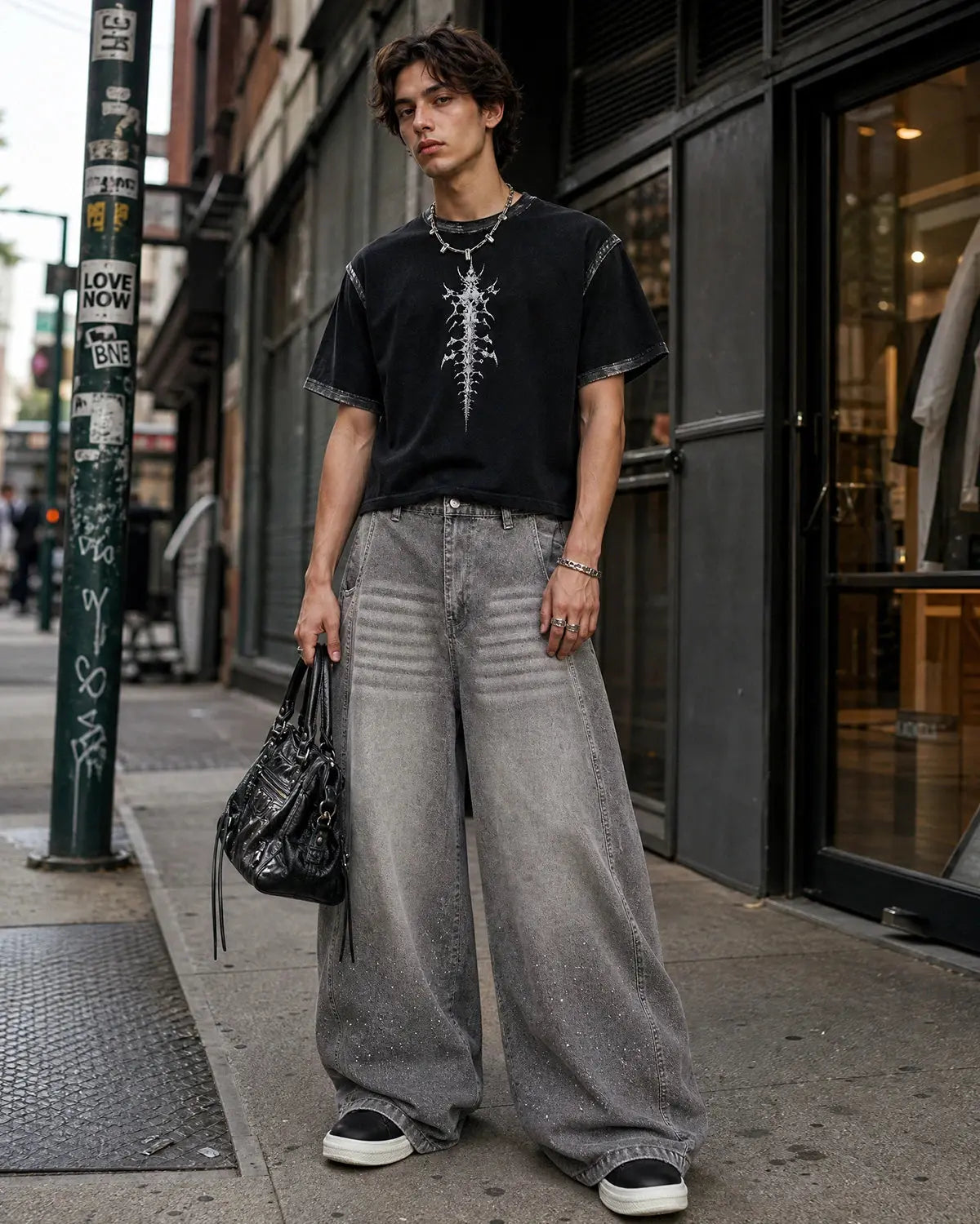Flation Rhinestone Washed Barrel Jeans, stylish streetwear pants with rhinestone embellishments and a relaxed fit.