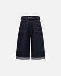 Raw blue Cinch Back Baggy Denim Jorts by Flation Streetwear, casual denim pants with a relaxed fit and adjustable waist.