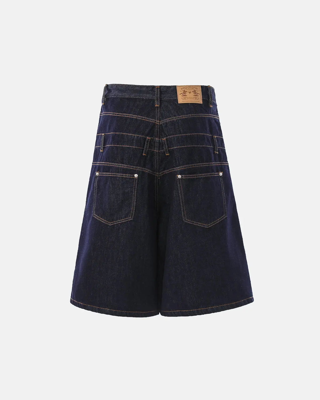Blue raw denim baggy jorts with double waist rivets by Flation Streetwear, showcasing the relaxed fit and rugged style.