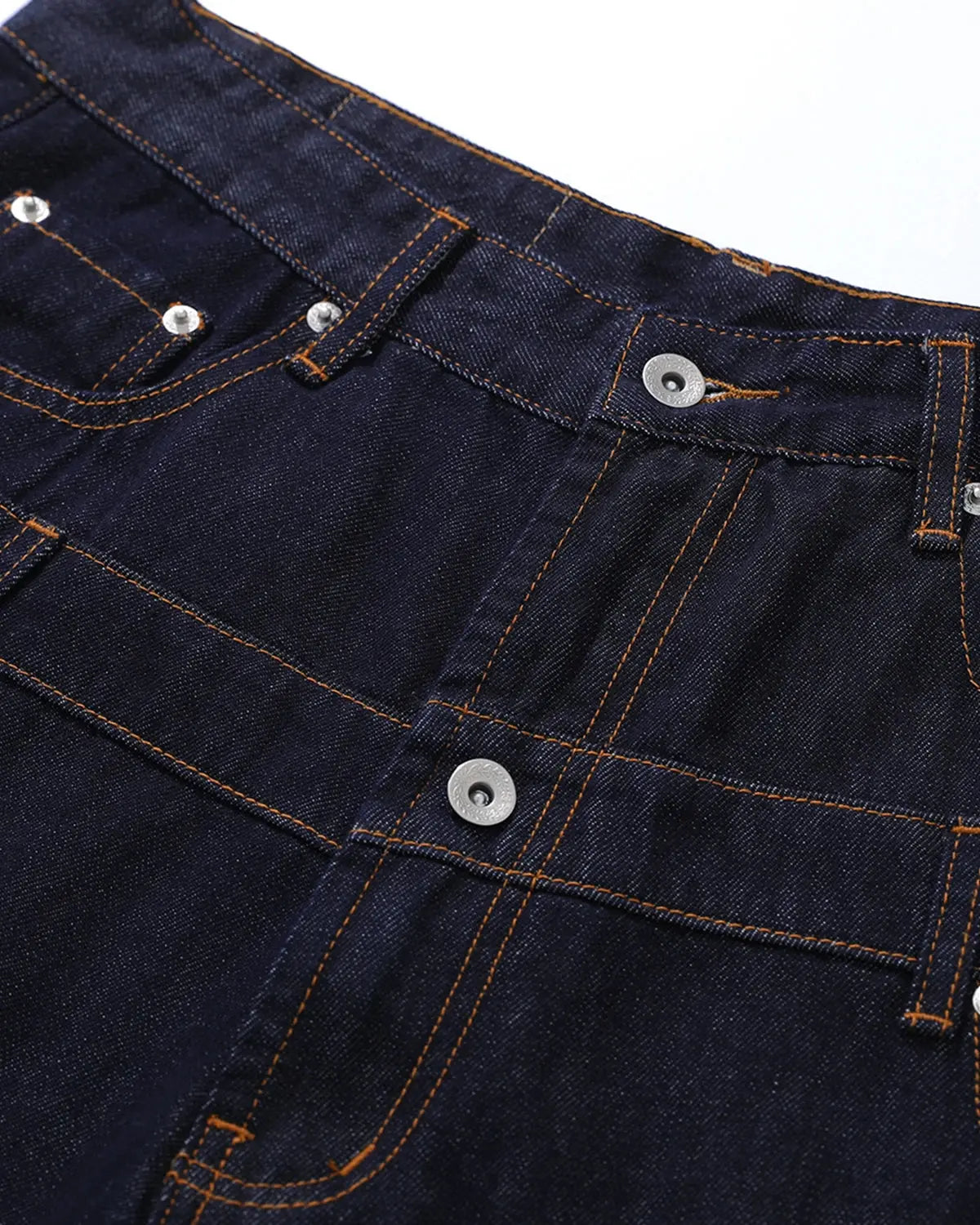 Blue double waist rivet baggy jorts by Flation, streetwear denim pants with distressed details and relaxed fit.