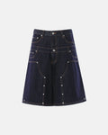 Blue double waist rivet baggy jorts by Flation, streetwear denim pants with rivet accents and a relaxed fit.