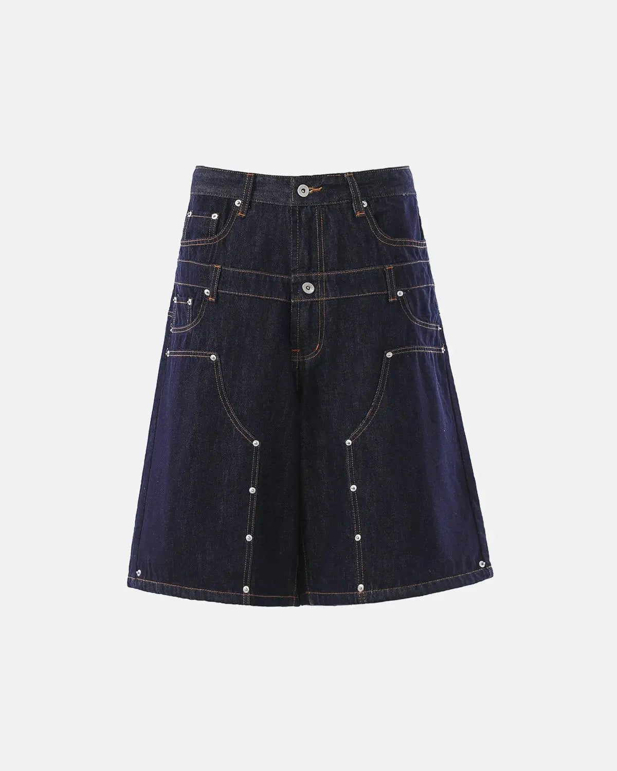Blue double waist rivet baggy jorts by Flation, streetwear denim pants with rivet accents and a relaxed fit.