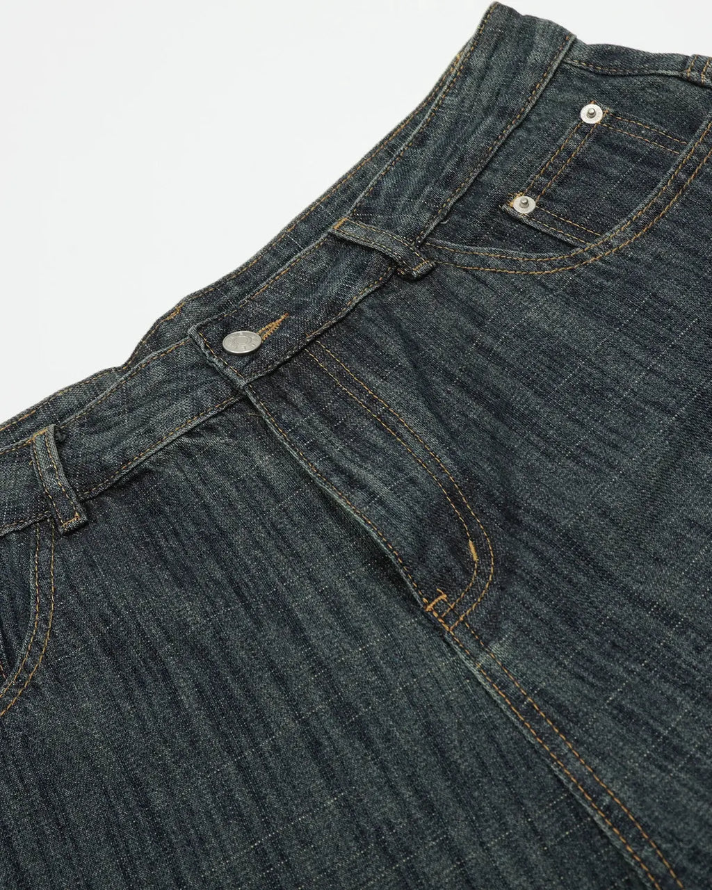 Raw wide-leg long jorts by Flation Streetwear, showing distressed denim pants with a relaxed fit and raw hem detail.