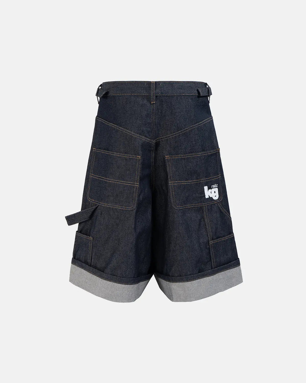 Raw denim carpenter long jorts by Flation Streetwear, featuring distressed details and rugged style, displayed on a neutral background.