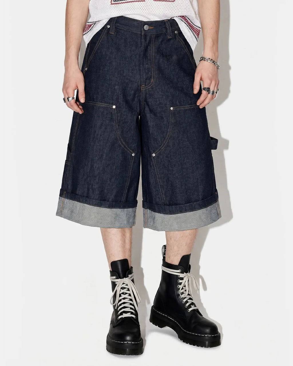 Raw denim carpenter long jorts by Flation Streetwear, featuring distressed details and a casual, rugged style.