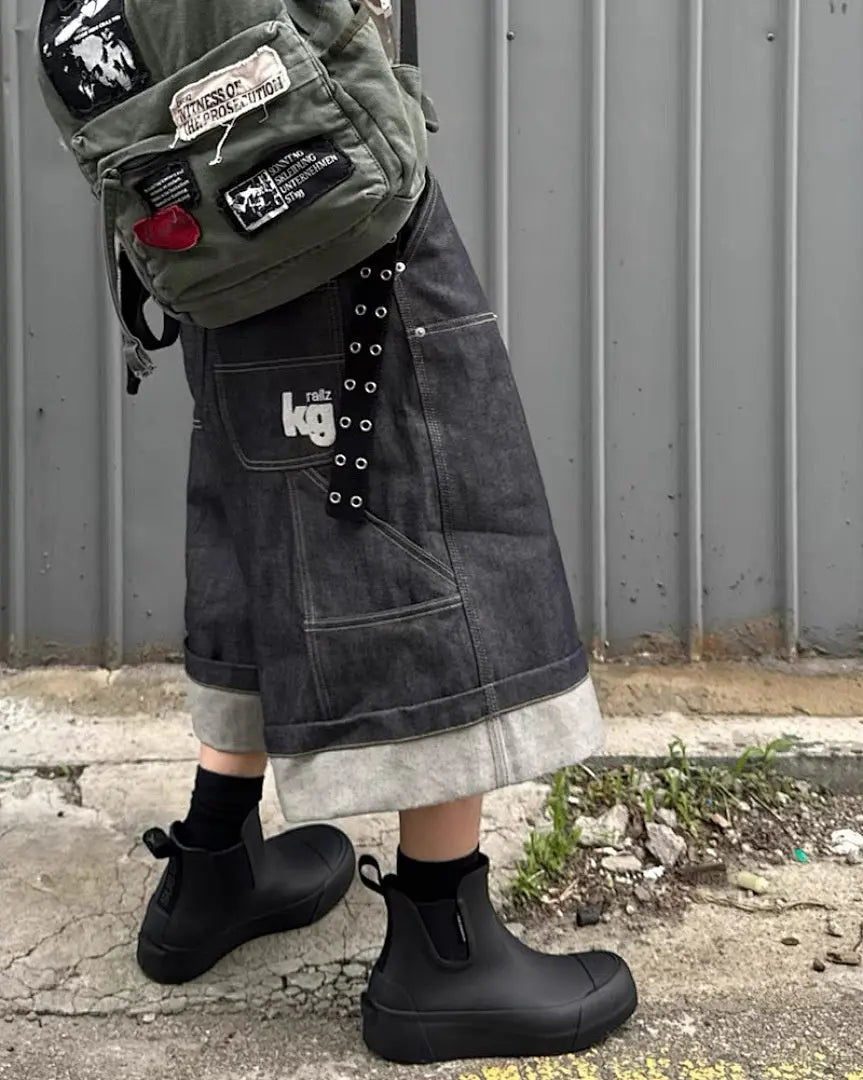 Raw denim carpenter long jorts by Flation Streetwear featuring durable denim fabric, classic pocket details, and a relaxed fit.