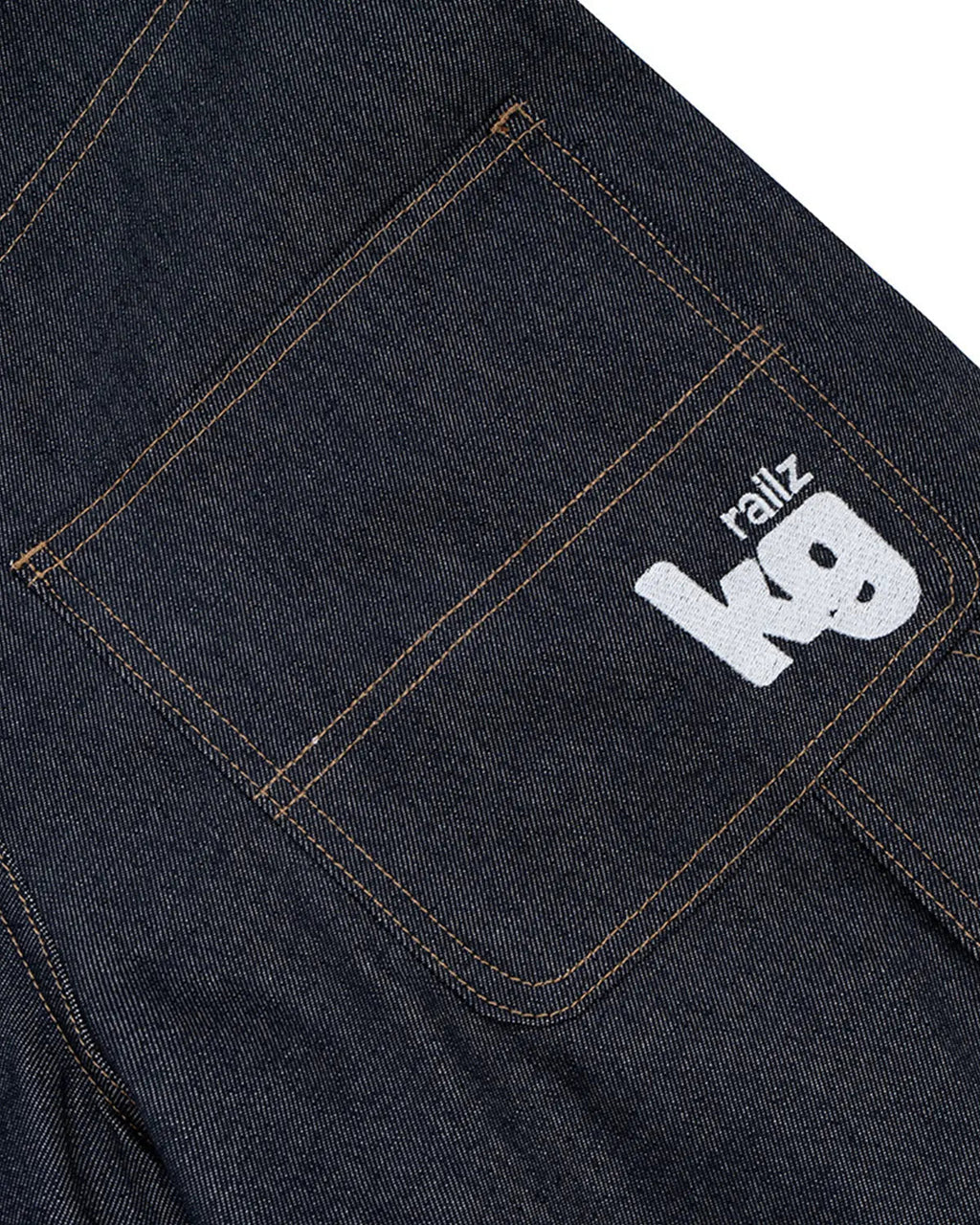 Raw denim carpenter long jorts by Flation Streetwear, featuring rugged design and practical pockets, shown on a mannequin.