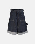 Raw denim carpenter long jorts by Flation Streetwear, featuring rugged denim fabric and multiple front and back pockets.