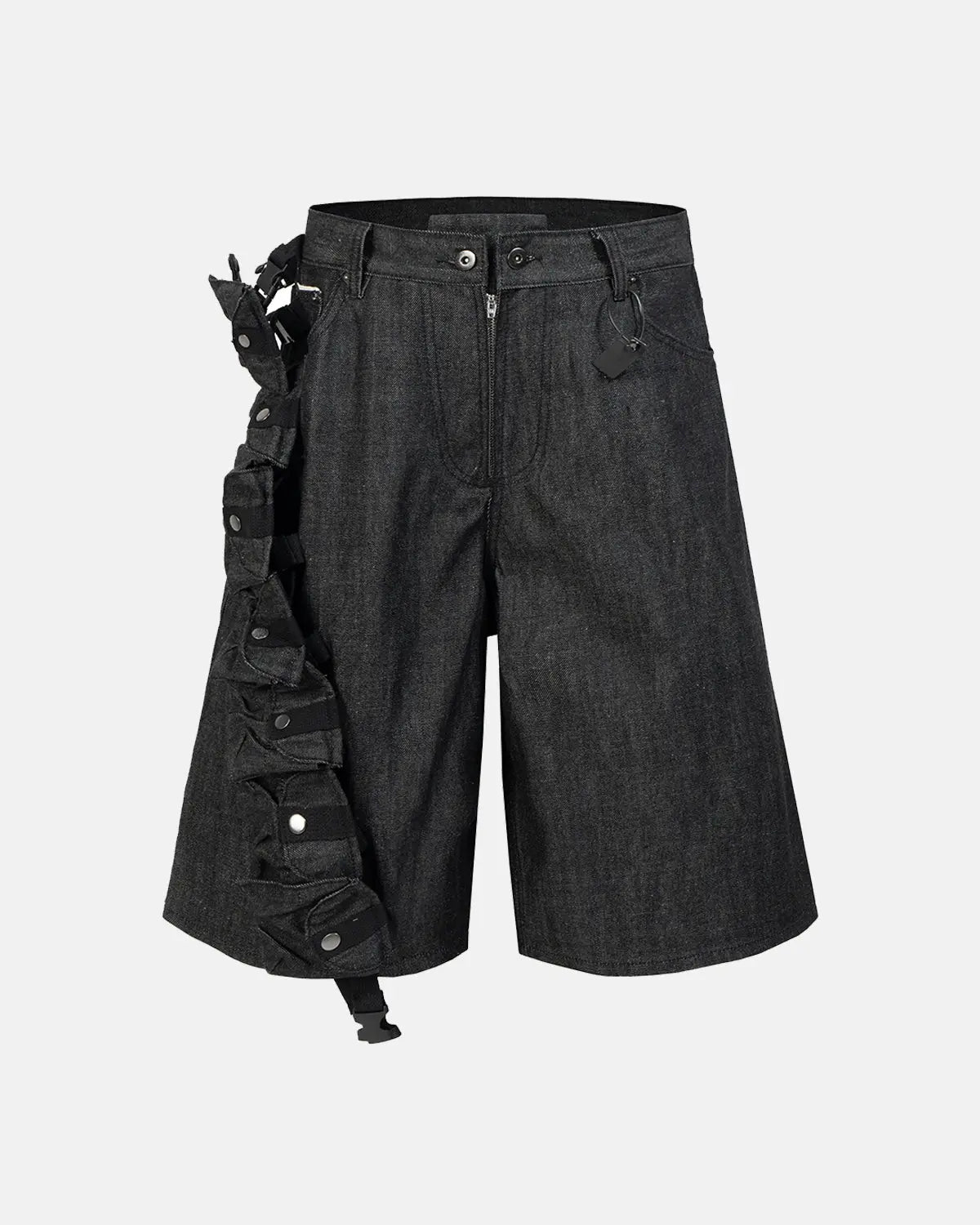 Raw denim tactical cargo jorts by Flation Streetwear, featuring rugged cargo pockets and distressed denim for a streetwear look.