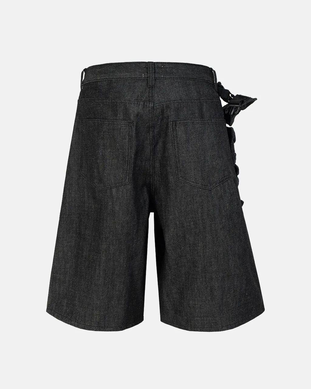 Raw denim tactical cargo jorts by Flation, rugged streetwear pants with multiple pockets and distressed denim details.
