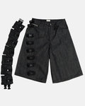 Raw denim tactical cargo jorts by Flation Streetwear, showing distressed, rugged denim shorts with multiple cargo pockets.
