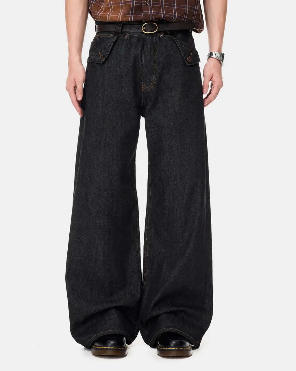 Flation Raw Wide Leg Baggy Jeans with cinch back, featuring a relaxed streetwear style and distressed raw denim finish.