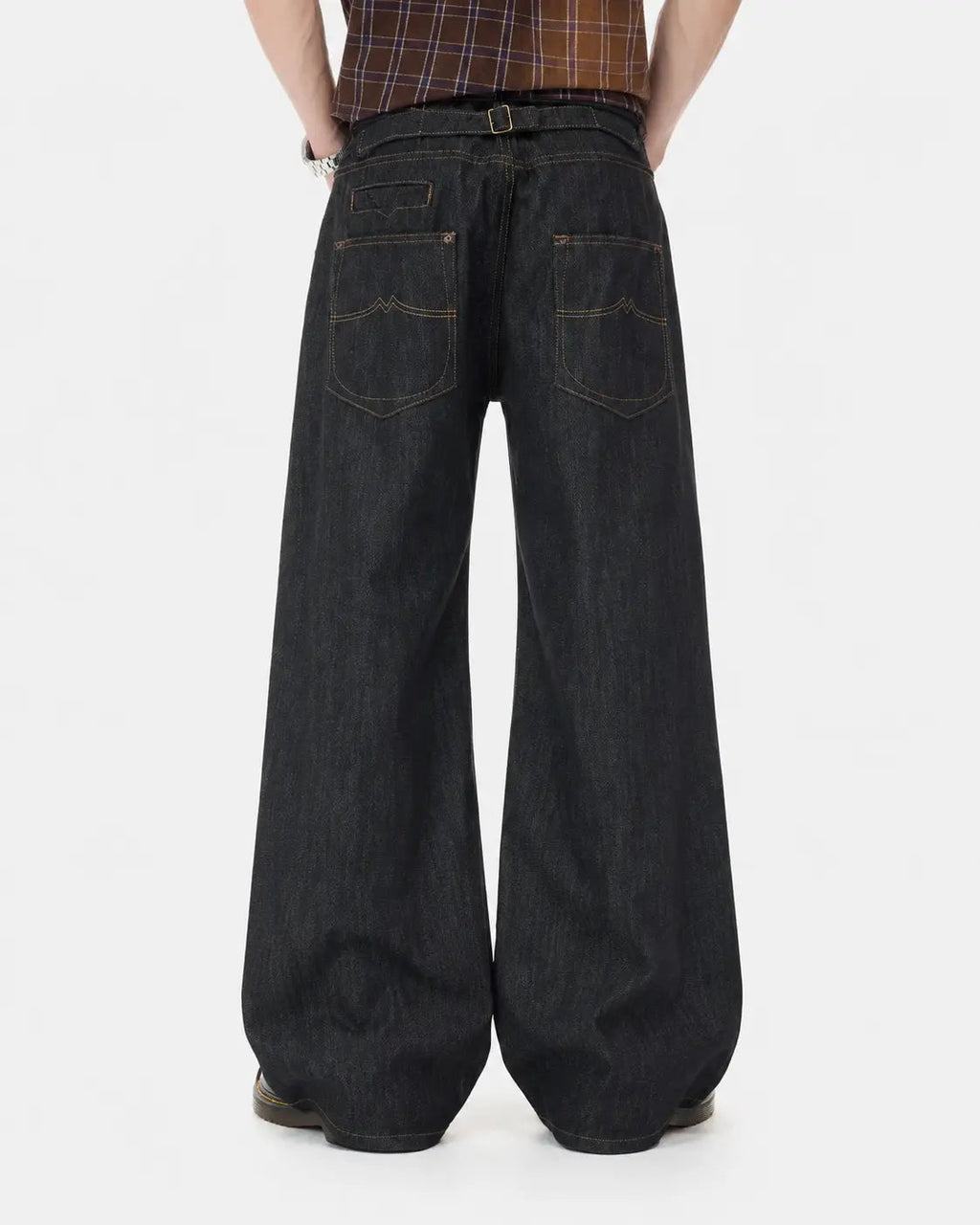Flation Raw Wide Leg Baggy Jeans with cinch back detail, relaxed streetwear pants, made by Flation.