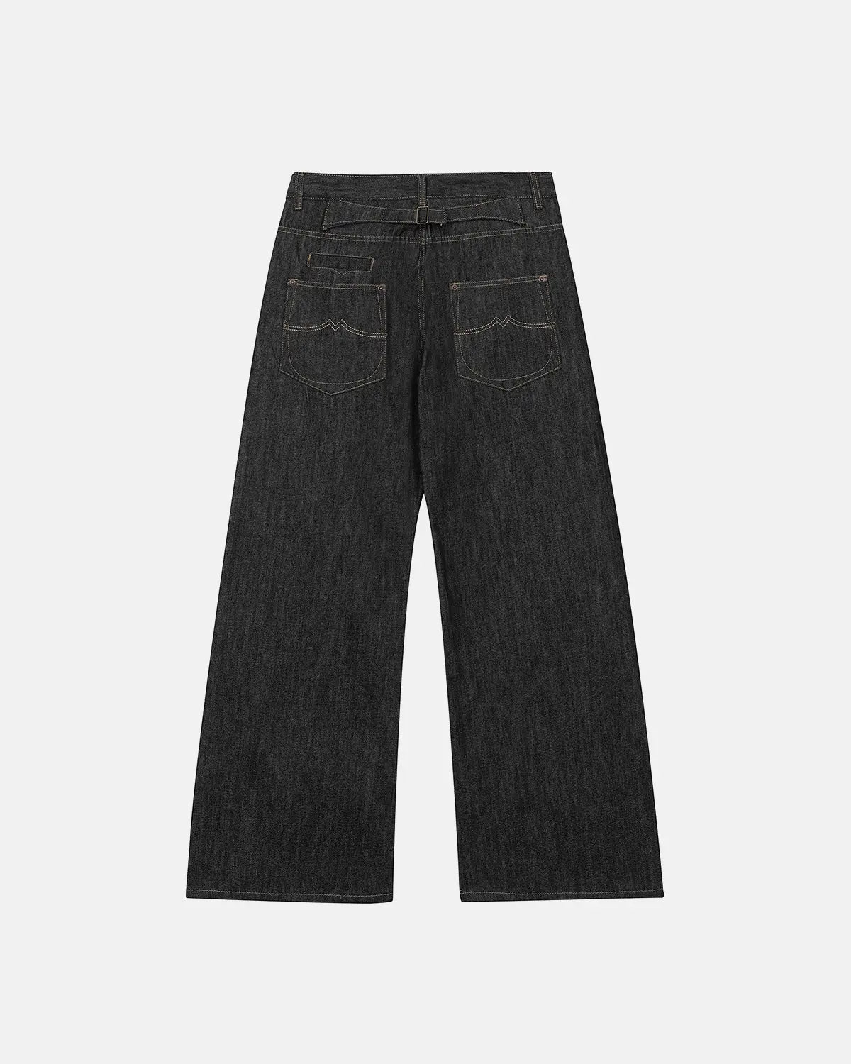 Flation Raw Wide Leg Baggy Jeans with cinch back, featuring a relaxed fit and streetwear style, shown from the front.