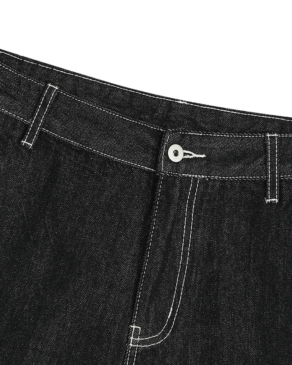 Contrast stitching raw cargo jorts by Flation Streetwear, styled with rugged denim and visible stitching details.