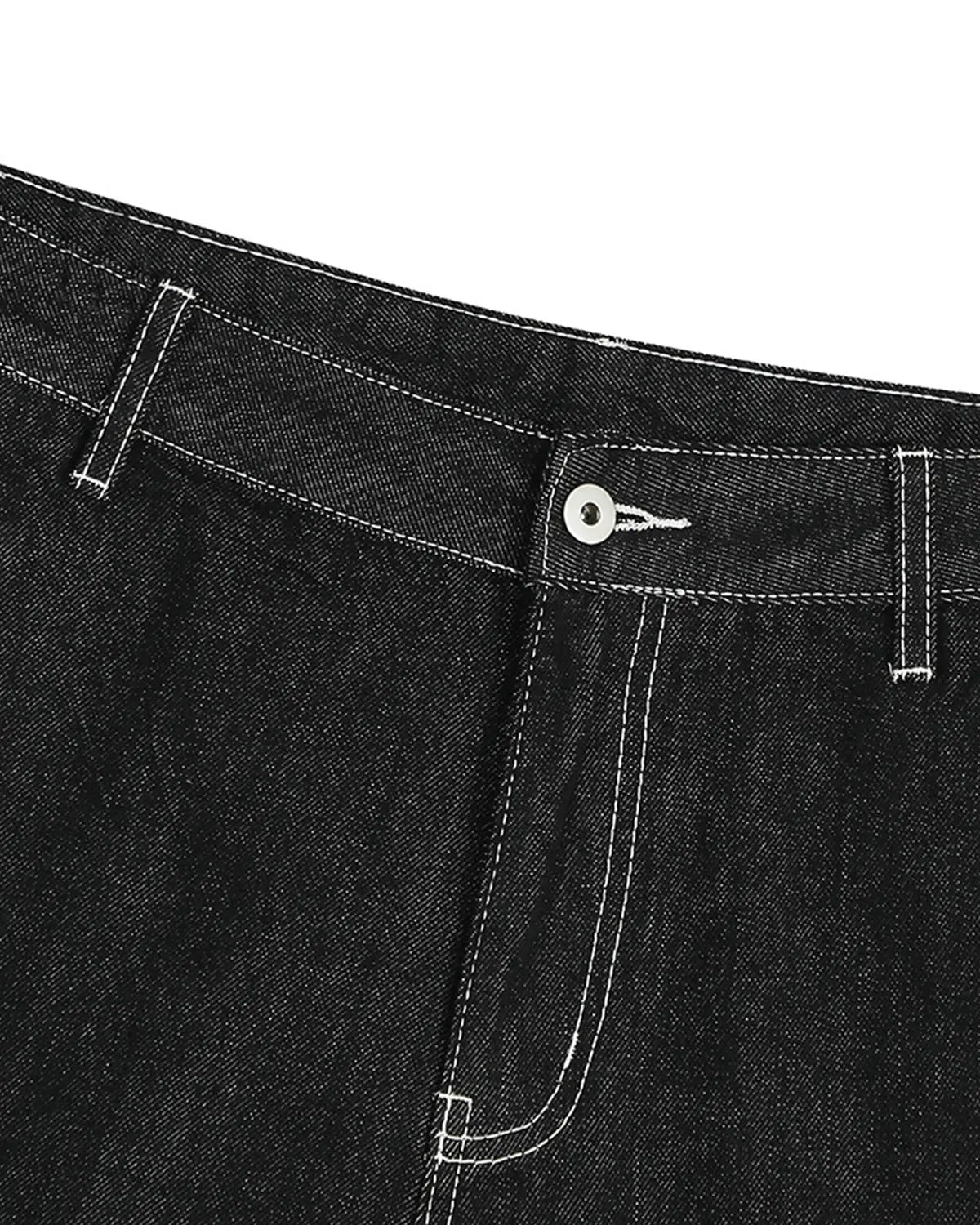 Contrast stitching raw cargo jorts by Flation Streetwear, styled with rugged denim and visible stitching details.