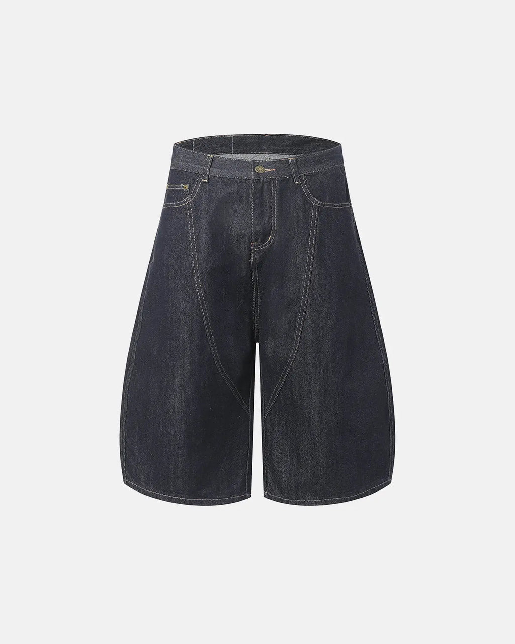 Deconstructed Scimitar Denim Longline Jorts by Flation Streetwear, showcasing raw hem and distressed detailing on stylish pants.