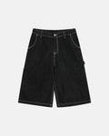 Raw denim cargo longline shorts from Flation Streetwear featuring multiple pockets and a relaxed fit, displayed on a plain background.