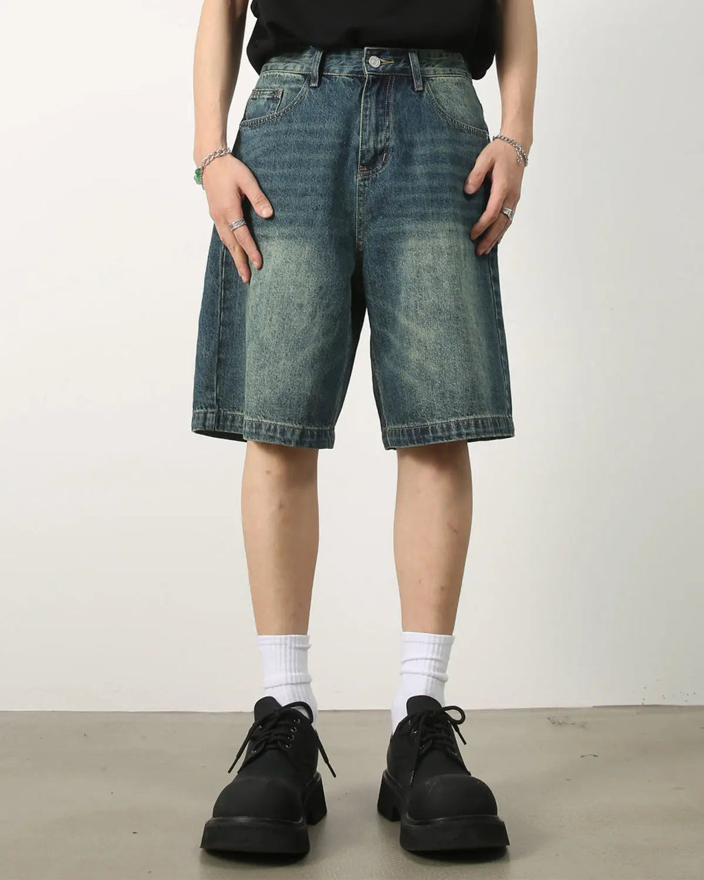 Washed knee-length denim jorts by Flation Streetwear, casual blue denim pants with a relaxed fit and vintage wash.