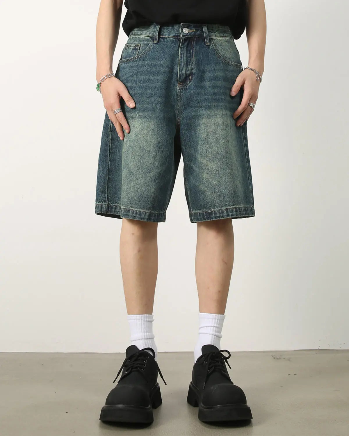 Washed knee-length denim jorts by Flation Streetwear, casual blue denim pants with a relaxed fit and vintage wash.
