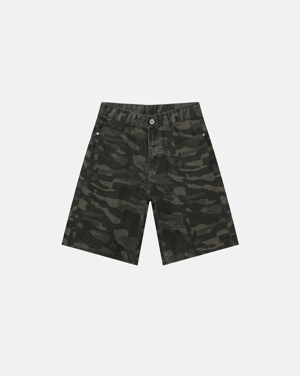 Washed knee-length denim jorts by Flation Streetwear, showing retro blue distressed denim pants with a relaxed fit.