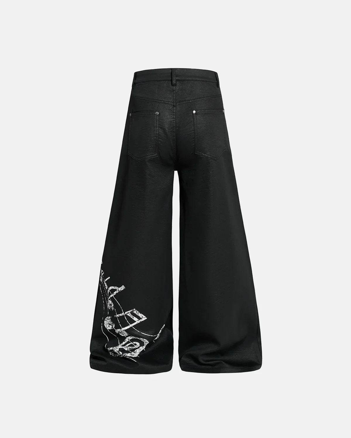 Black graphic wide leg pants by Flation Streetwear featuring bold print and relaxed fit, styled with casual street fashion.
