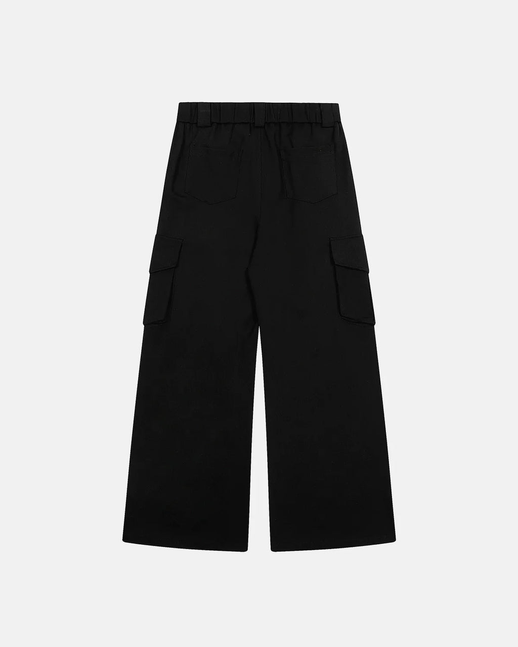 Gray Flation Streetwear structured wide-leg cargo pants with multiple pockets and relaxed fit, styled for casual urban look.