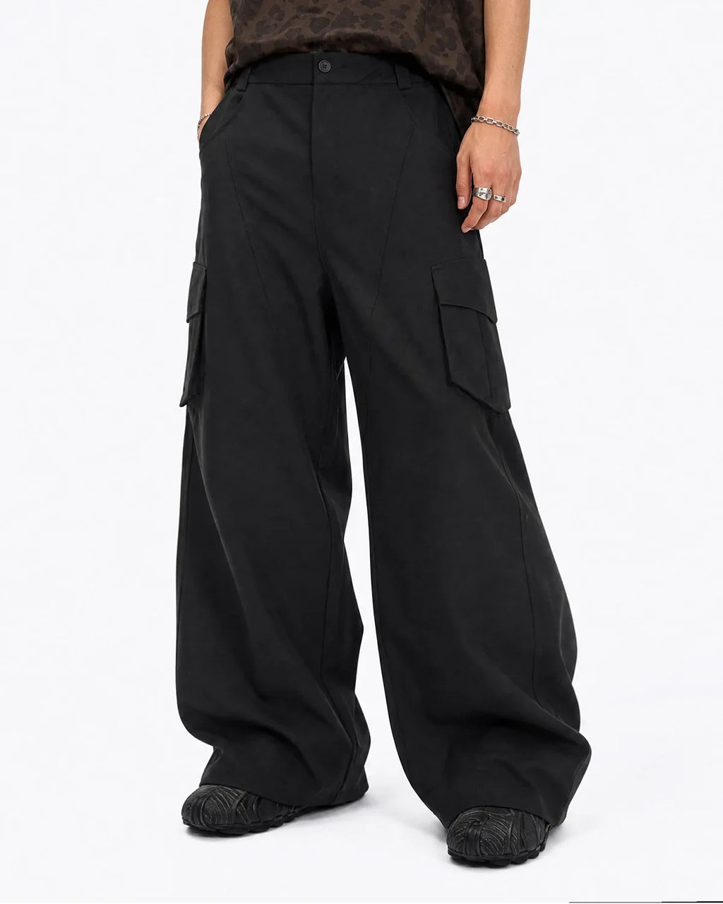 Gray Flation Structured Wide Leg Cargo Pants, streetwear style with multiple pockets and relaxed fit, shown on a model.