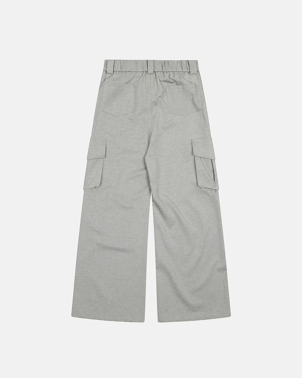 Gray structured wide-leg cargo pants by Flation Streetwear, featuring multiple pockets and a relaxed fit for casual style.