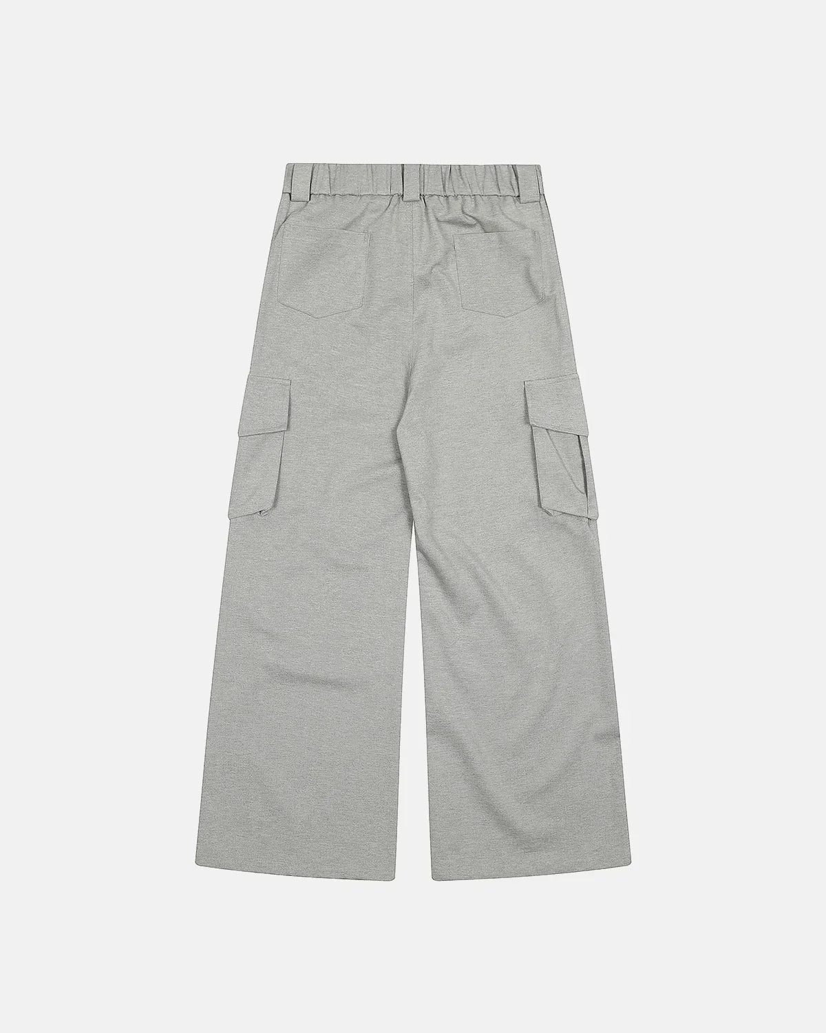 Gray structured wide-leg cargo pants by Flation Streetwear, featuring multiple pockets and a relaxed fit for casual style.