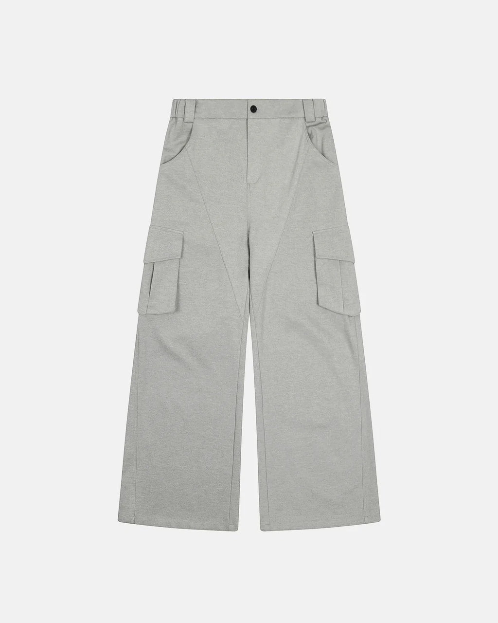 Gray structured wide-leg cargo pants by Flation Streetwear, featuring multiple pockets and a relaxed fit.
