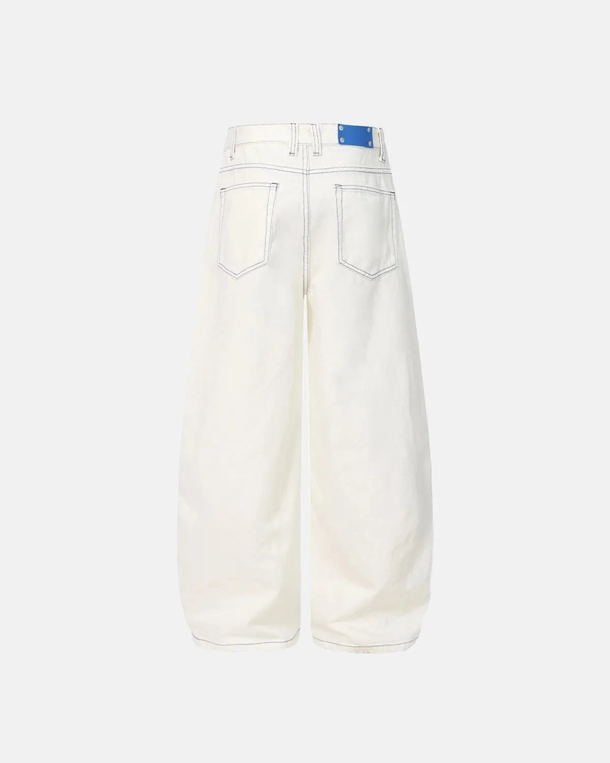 White contrast stitch baggy jeans by Flation Streetwear, featuring relaxed fit and stylish stitching details.