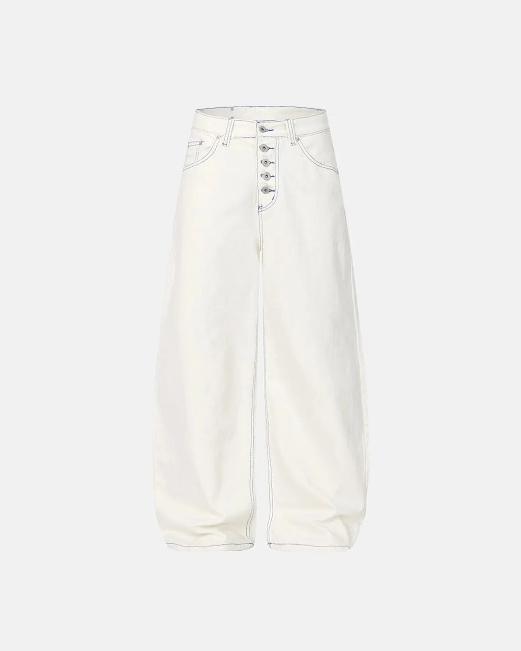 White contrast stitch baggy jeans from Flation Streetwear, showcasing relaxed fit pants with prominent stitching details.