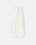White contrast stitch baggy jeans from Flation Streetwear, showcasing relaxed fit pants with prominent stitching details.