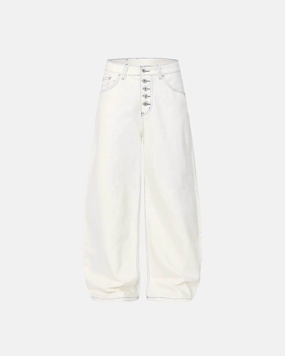 White contrast stitch baggy jeans from Flation Streetwear, showcasing relaxed fit pants with prominent stitching details.