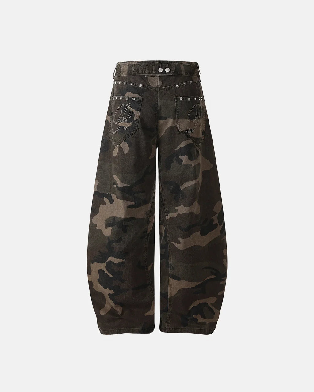 Black camo barrel jeans with studded details by Flation Streetwear, featuring a relaxed fit and edgy street style.