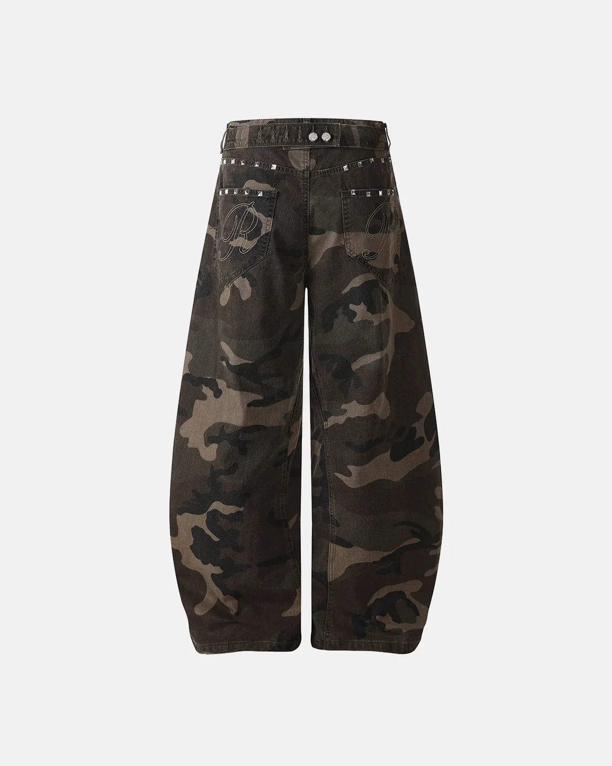 Black camo barrel jeans with studded details by Flation Streetwear, featuring a relaxed fit and edgy street style.